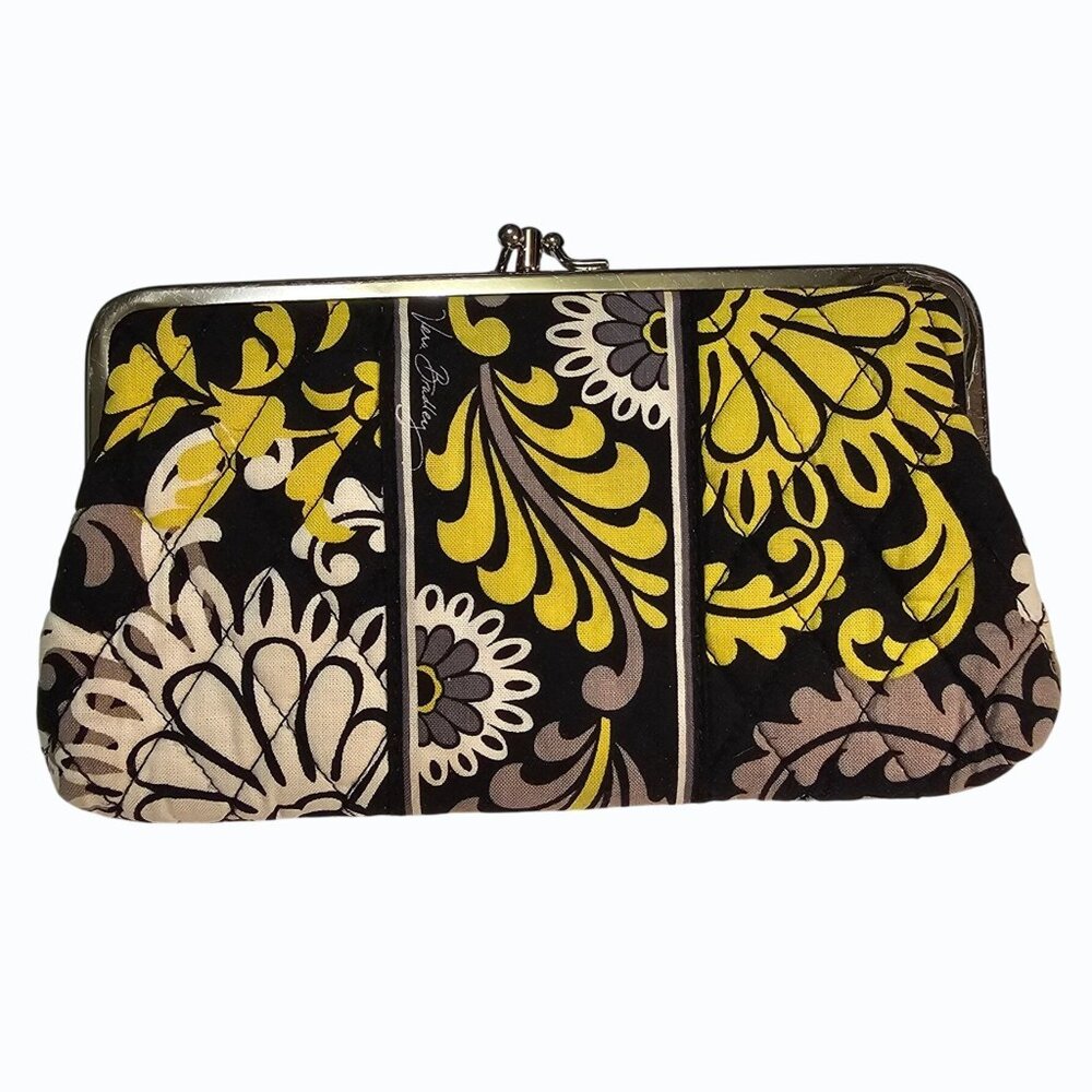 Vera Bradley Retired Baroque Black Yellow White Double Kiss Lock Wallet Clutch